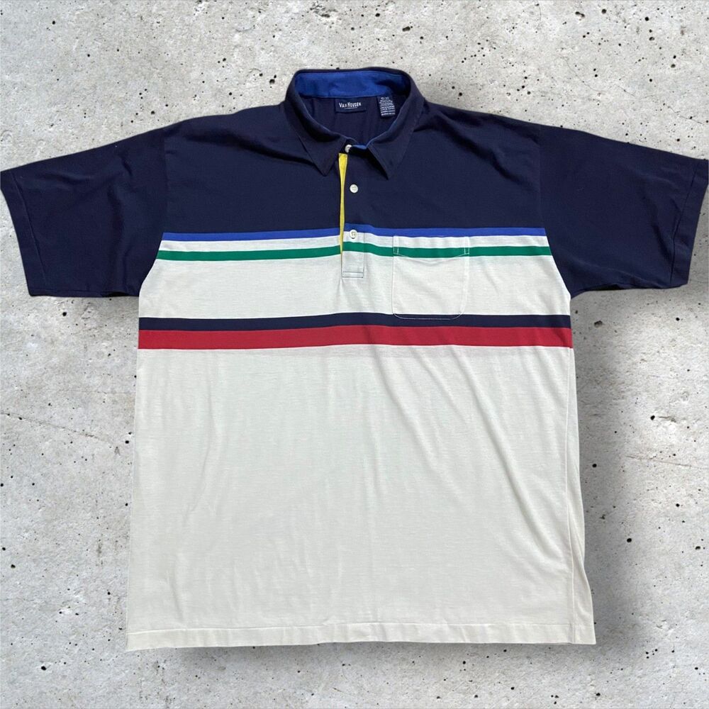 Van Heusen Vintage Color Block Cotton Blend Navy White Polo Shirt Men's Size XL
